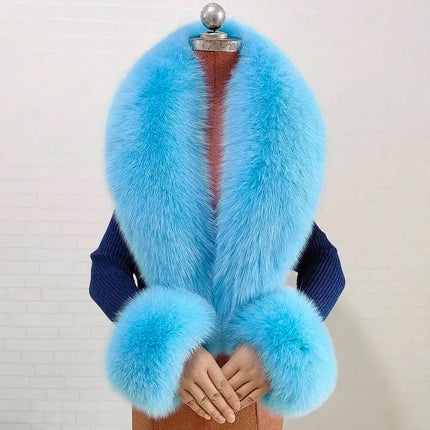 Winter Natural Fox Fur Scarf And Cuff Set Women Jacket Fur Collar Authentic Neck Warm Scarves Luxury Fluffy Fox Fur Shawl