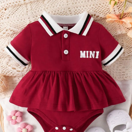 Baby Girl Red Polo Dress Set, Short-Sleeve "MINI" Letter Print Ruffled Dress with Bodysuit, Toddler Casual Outfit