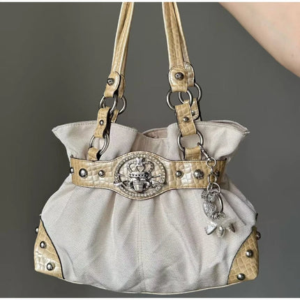 Luxury Women Rivet Handbag,Y2k Girls Metal Studded Underarm Shoulder Bag,Niche Belt Buckle Commuter Chic East-West Tote Bag