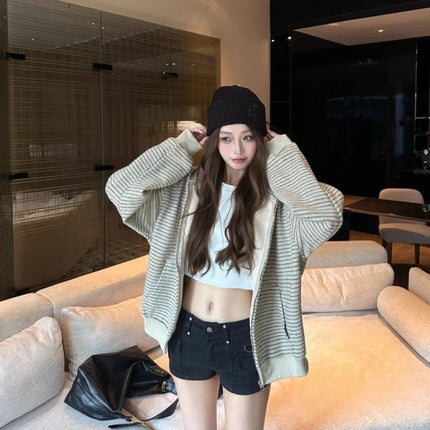 Matakawa Stripes Hooides Women Tops Zipper Autumn Winter Y2k Sweatshirts Korean Fashion Loose Hooded Retro Sudaderas Mujer