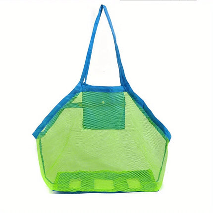 Youngsters' Large Mesh Beach Toy Bag with Blue and Green Side Pockets - Durable Seashell Collecting Tote for Sand Toys, Swimming