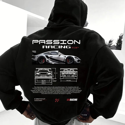 Popular digital pattern men's hooded sweatshirt with car-themed design, American-style casual sports long-sleeved shirt