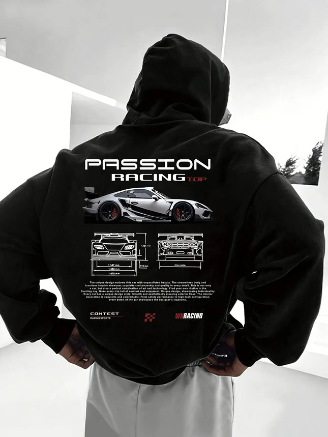 Popular digital pattern men's hooded sweatshirt with car-themed design, American-style casual sports long-sleeved shirt