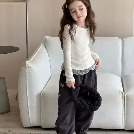 Girls Lace T-shirt 2024 Autumn New Slim Fit Girl Top Children Stylish Versatile High Elasticity Knitted Sweater