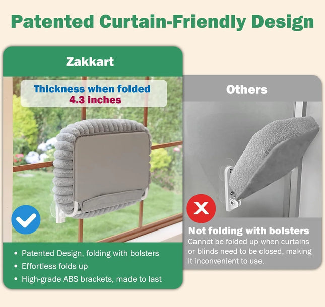 Foldable Cat Window Perch -with 4-Sided Bolster, Metal Frame - Window Hammock for Large Cats and Kittens