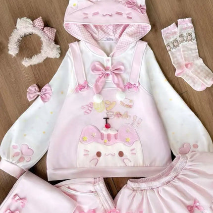 Japanese Style Soft Cute Strawberry Caramel Pudding  Print Fleece Lined Oversize Plaid Hoodie for Girls Autumn Winter