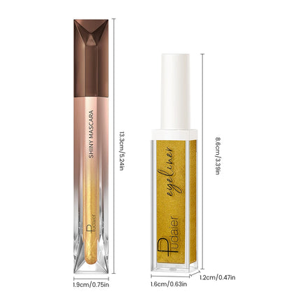 2PC Waterproof Mascara & Metallic Eyeliner Duo - Long Lasting Voluminous Lash & Shimmer Eyeliner, Smudge-Proof