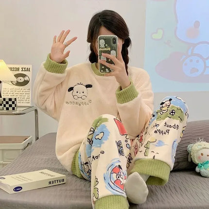 Hello Kitty cartoon anime character Snoopy pajamas flannel kawaii Kuromi plus velvet thickened cute home clothes set wholesale