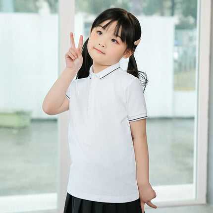 2025 boys' and girls' t-shirts made of pure cotton, medium and large children's solid color polo shirts, short sleeved tops, stu