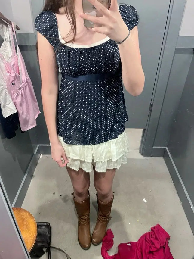 Women Summer Fairy Grunge Y2k Babydoll Shirts Cap Sleeve Micro Polka Dot Tie Back Flowy Slim T-shirts Tops Preppy Clothes