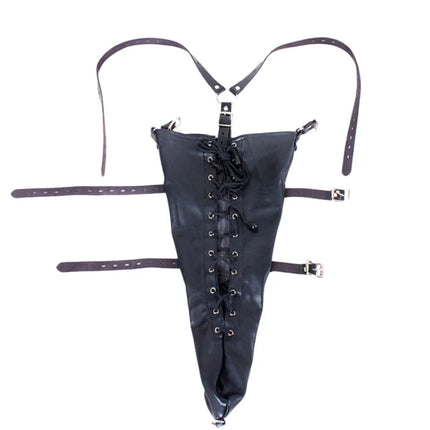 Y-back Strap Lace-up Straight Arm Binder with Zipper Leather Tight Fit Single Sleeve for Couple BDSM Bondage Interaction Sex Toy