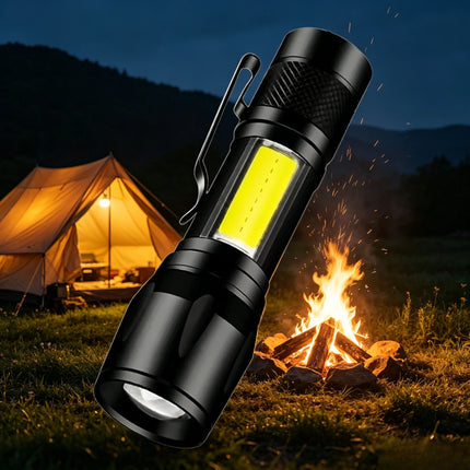 Mini Portable COB+XPE Flashlight, USB Rechargeable Zoomable Focus Tactical Torch with Pen Clip for Camping Outdoor