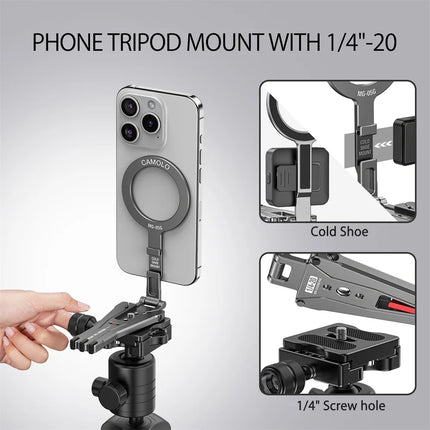 2026 Magnetic Tripod With Fence-Mounted Cold Shoe Handle Phone Tripod For Magsafe iPhone 16 15 14 13 12 Pro Android Desk Mount