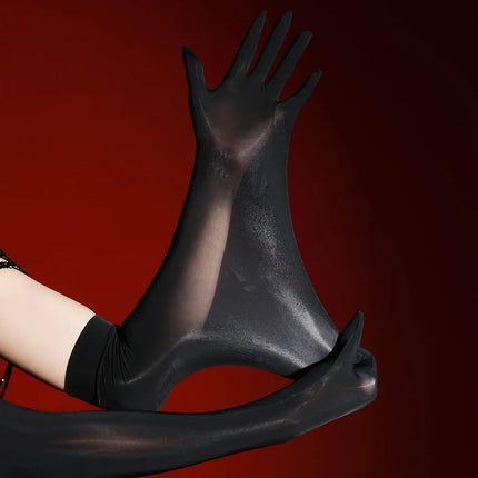 Sexy High Stretch Oil Luster Smooth Thin Five Finger Gloves Women Clubwear Cosplay Tight Erotic Stockings Nylon Long Gloves