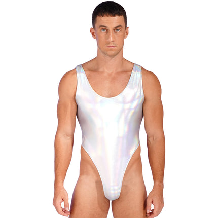 Mens Glossy Bodysuit Fashion One-piece Swimsuit Sleeveless High Cut Wetlook Faux Leather Stretch Leotard Unitard Bathing Suit