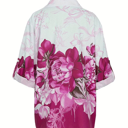 Plus Size 2024 Summer New Women's Printed Pattern Shirt Single Row Button Lapel Long Sleeve Shirt Polyester Material