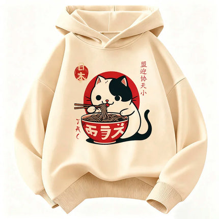 Japanese Style Cat Eat Ramen Hoodie Manga Kids Cat Children's Sweatshirt Cute Hoody for Boys Girls Casual Hoodies Spring