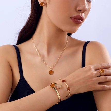 5pcs/set Lucky Five Leaf Flower Necklace Bracelet Earrings Ring Set for Women Colorful Enamel Plum Blossom Jewelry Party Gifts