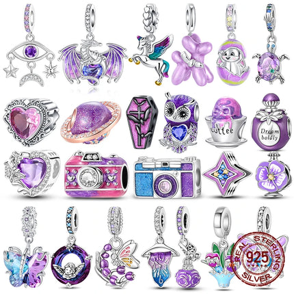 925 Sterling Silver Classic Purple Heart Shape Dragon Pegasus Butterfly Charms Beads Fit 3mm Original Bracelet DIY Jewelry Gift
