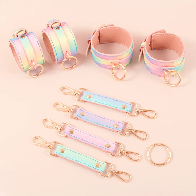 SM Bondage Luxury Set For Women Sex Toys Rainbow Leather Handcuffs/Blindfold/Collar/Gag Sex Bondage Fetish for Couples BDSM Toy