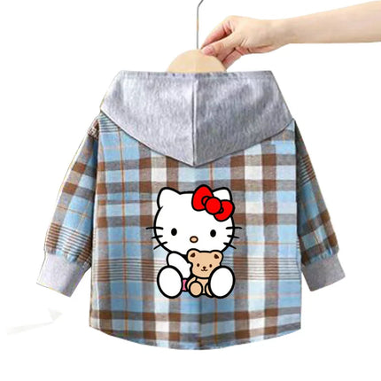 Spring and Autumn Children's Sanrio Cinnamoroll Shirts 1-12 Year Girls Checkered Hooded Blouse Fashion Cartoon Shirt Sweater