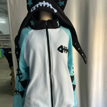Japanese Cat Ear Fish Bone Hoodie Women Subculture Vintage Y2k Harajuku Punk Oversized Sweet Cardigan Zipper Sweatshirts