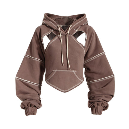 Y2k Gothic Womens HoodieTop HoodedSweatshirt Hollow Out Lace Up Long Sleeve HoddedCasualPullover Autumn