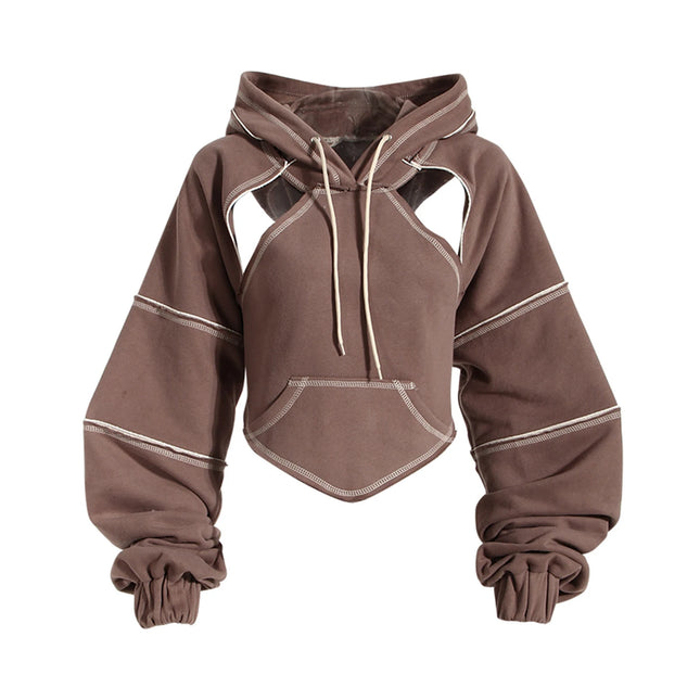 Y2k Gothic Womens HoodieTop HoodedSweatshirt Hollow Out Lace Up Long Sleeve HoddedCasualPullover Autumn