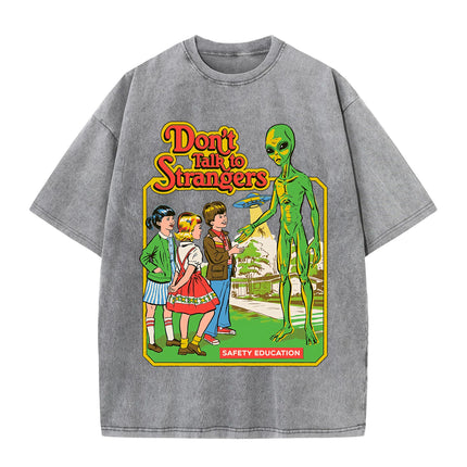 Cartoon Alien Classic Communication Print Women T-shirt Breathable Cotton Short Sleeve Washed Vintage Worn Out Female T Shirts