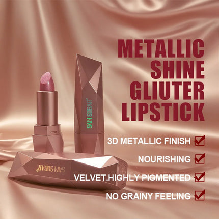 Pearlescent Pink Glitter Velvet Lipstick Metallic Diamond Lipsticks Waterproof Lasting Shimmer Lips Gloss Women Makeup Cosmetic