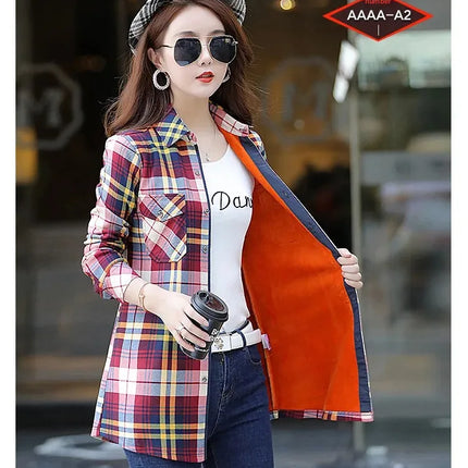 Thickened Fleece Women's Long Sleeve Shirt Warm Slim Fit Midi Length Plaid Korean Style Fashionable Women's Button-up Top