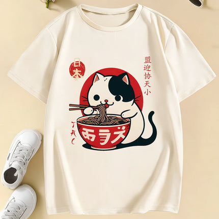 Japanese Style Cat Eat Ramen Design T Shirts Manga Kids Children's T-shirt Boys Girls Summer Spring Casual Top Tee