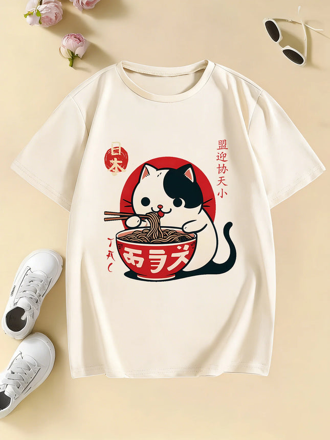 Japanese Style Cat Eating Ramen Design T-Shirts Manga Kids Children's T-shirt Boys Girls Summer Spring Casual Top Tee