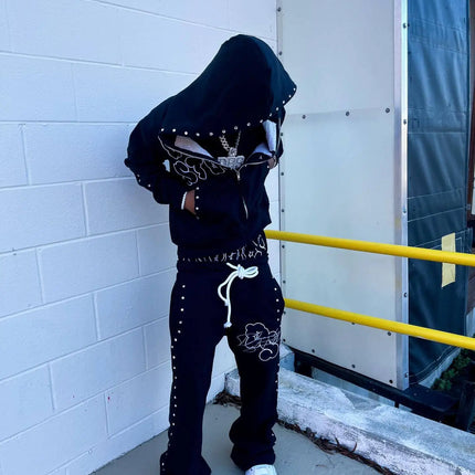 American style street fashion printed rhinestone hoodie, casual pants, fake two-piece men's and women's high street hoodies