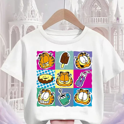 Garfield Cartoon Crew Neck T Shirt Children Boys Girls Summer Cute Kawaii Fashion Street Casual Tops 3-14 Years