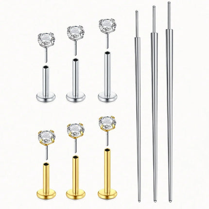 3PCS Threadless Push In Nose Studs Stainless Steel Labret Piercing Jewelry For Tragus Monroe Lip Helix Cartilage Earrings Studs