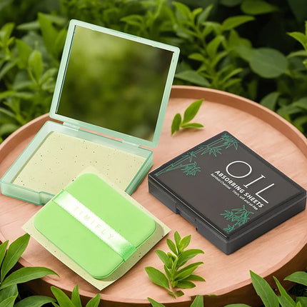 {Winter4} 100 Sheets/Box Oil-Absorbing Paper With Mirror & Puff Portable Oil-Holding Bamboo Charcoal Paper For Makeup