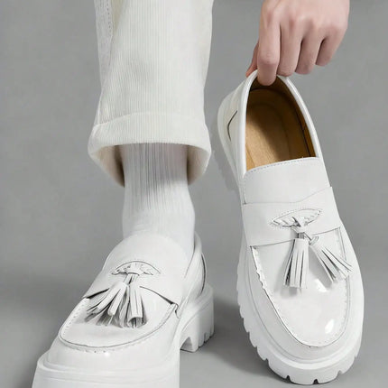 Fashion Tassel Thick Sole Leather Men's Shoes Loafers Slip-On Business Dress Shoes For Gentleman Glossy Formal Party White Shoes
