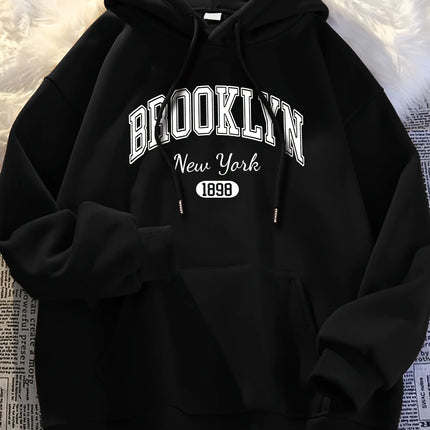 Brooklyn Hoodie Casual Wear Fashionable Letter Cartoon Print Women'S Casual Long Sleeve Pullover with Kangaroo Pockets  Trendy
