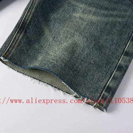 2026 Hot New Men's Blue Acid Washed Denim Shorts Distressed Ripped Embroidered Slim Fit Casual Shorts Streetwear Bottoms