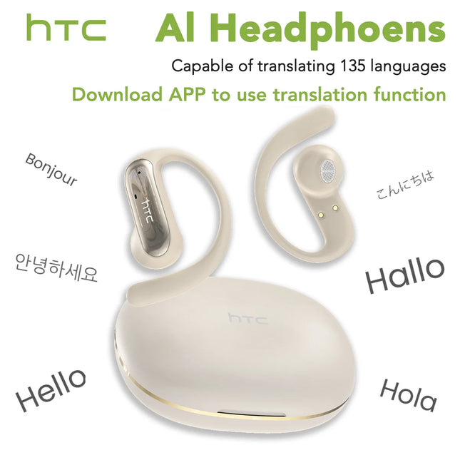 【HTC NE52】 Bluetooth Earphones AI OWS Sport Wireless Headphone with Mic Powerful Bass Earbuds AI Translation Earbuds Long Life