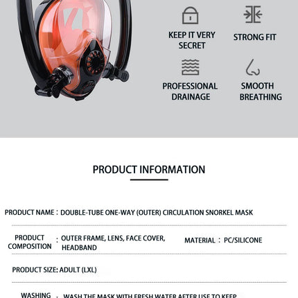 Silicone Snorkeling Mask for Adults, Double Tube Diving Mask, Full Dry Diving Goggles, Self Contained Underwater Breathing Mask