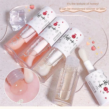 Transparent Honey Lip Oil Long-Lasting Moisturizing Lip Gloss Blam Fades Lip Lines Lipgloss with Big Brush Head Peach Milk Taste