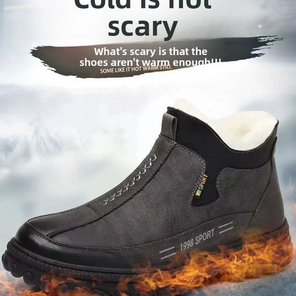 Men's Winter Casual Shoes Thickened Fleece Lined Waterproof Leather Surface Warm Wear Resistant Work Shoes Slip on round Toe