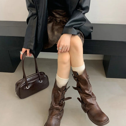 Autumn Winter Vintage Woman Knight Knee High Boots Shoes Ladies Elegant Thick Low Heel Belt Buckle Western Cowboy Botas