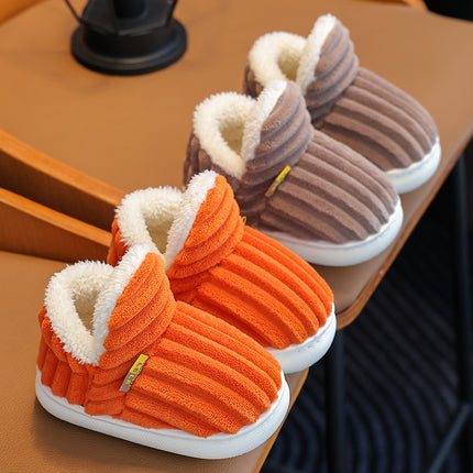 New Winter Simplicity Stripe Plush Slippers Children's Non-slip Soft Sole Kids Boys Girls Heel Wrap Warm High Home Cotton Shoes
