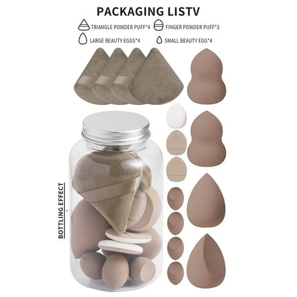 15pcs Mini Honey Pot Style Cosmetic Sponge Set - 4 Large Beauty Blenders, 4 Fan-Shaped Powder Puffs, 4 Mini Beauty Blenders, And