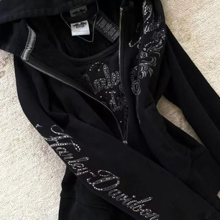 Women Rhinestone Eagle Wing Embellished Zip Up Hoodie Gothic Trend Rhinestone Embellished Jacket Y2K Street Retro Fashion Hoodie