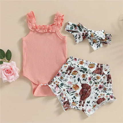 0-18months Baby Girl 3pcs Shorts Outfits Off Shoulder Romper Tops Bull Print Short Pants Head Band Infant Girls 3pcs Clothes Set