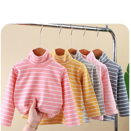 Kids Warm Top Autumn Winter Baby Boys Girls Striped High Collar Sweatshirt Children Leisure Bottoming Shirt